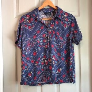 Crazy Horse Liz Claiborne Women's M Blue Pink Floral Geometric Button-Up Shirt
